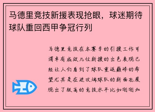 马德里竞技新援表现抢眼，球迷期待球队重回西甲争冠行列