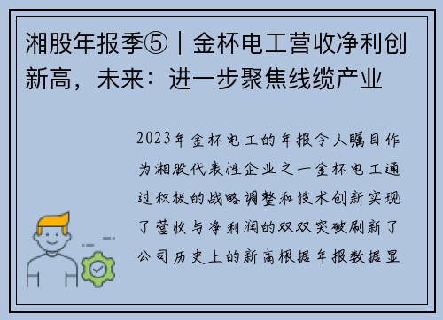 湘股年报季⑤｜金杯电工营收净利创新高，未来：进一步聚焦线缆产业