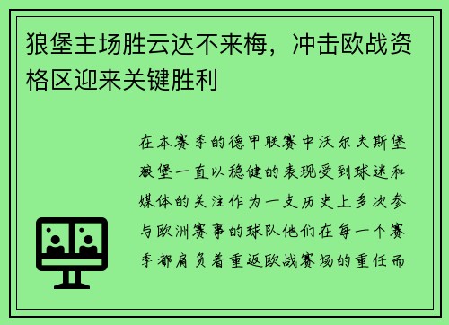 狼堡主场胜云达不来梅，冲击欧战资格区迎来关键胜利