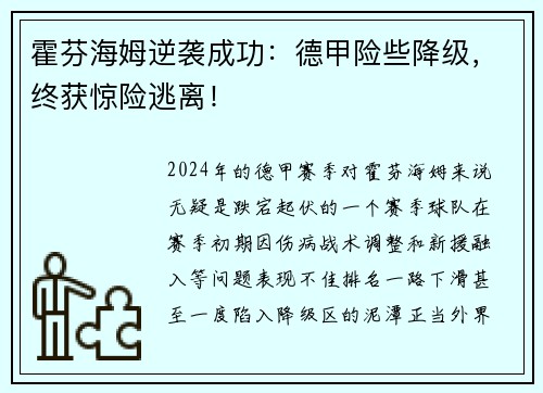 霍芬海姆逆袭成功：德甲险些降级，终获惊险逃离！