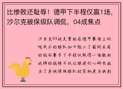 比惨败还耻辱！德甲下半程仅赢1场，沙尔克被保级队调侃，04成焦点